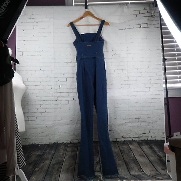 GUESS  ELLA BLUE DENIM FLARE LEG ADJUSTABLE STRAP TIE WAIST JUMPSUIT OVERALLS - Picture 10 of 16